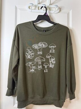SHEIN Olive Green Mushroom Graphic Pullover Sweatshirt